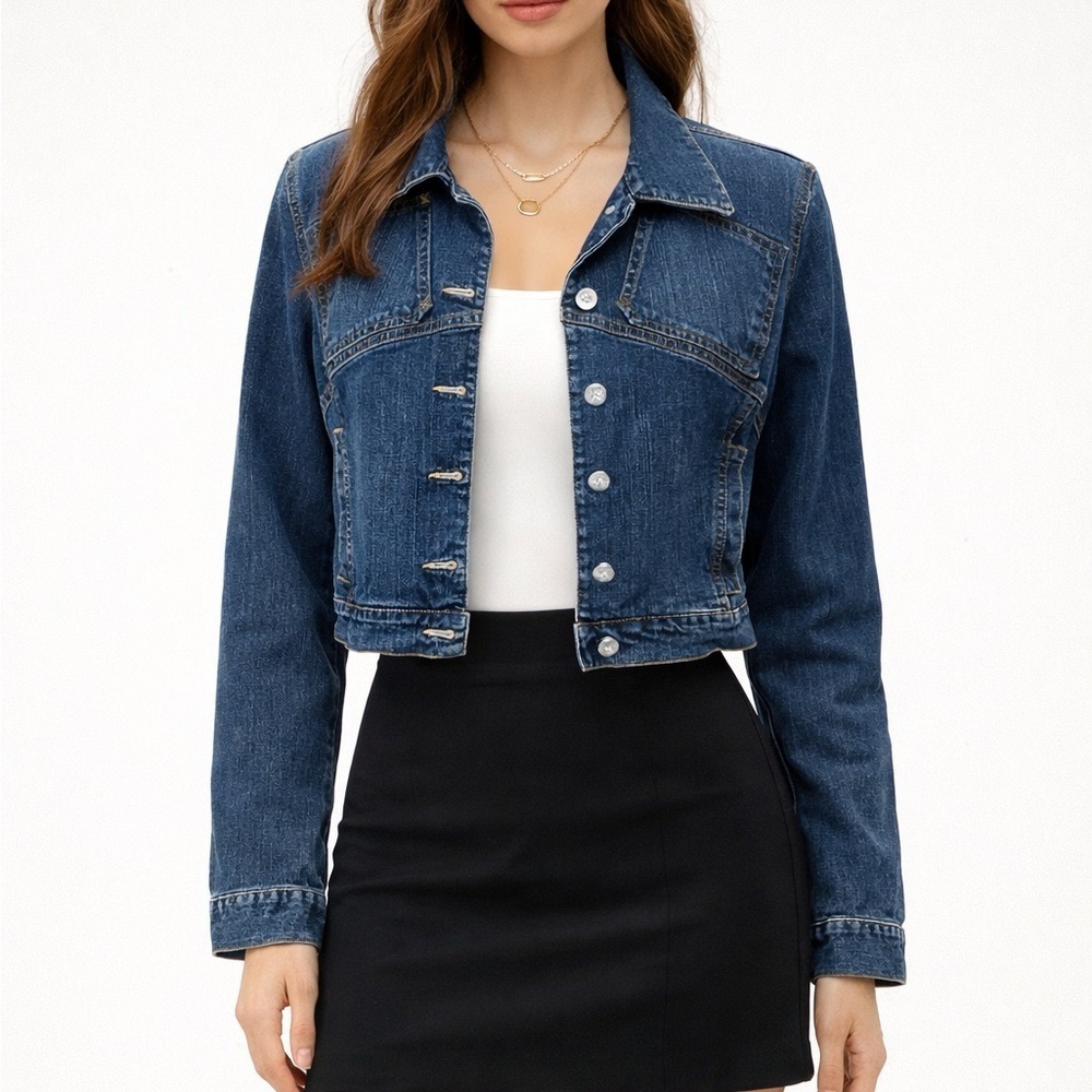See By Chloe Cropped Denim Jean Jacket Size 6 Rhinestone Buttons Chic Classic